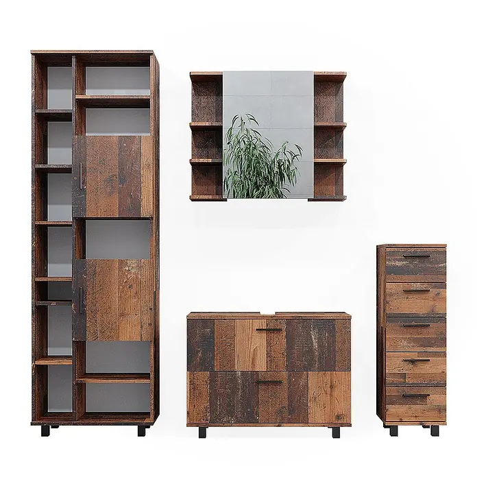 Vicco Badmöbel-Set Ilias Eiche rustikal 4 Teile, mit Hochschrank - Gesamtbreite Badmöbel: 170,2 cm, Eiche rustikal, Matt - Rustikale Möbelserie aus Altholzoptik mit hohem Bücherregal, Spiegel und zwei Kommoden.