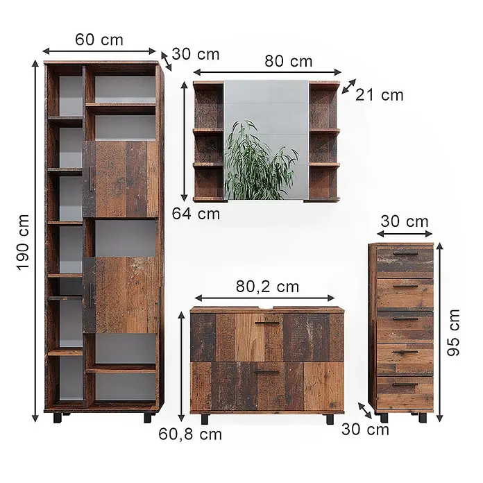 Vicco Badmöbel-Set Ilias Eiche rustikal 4 Teile, mit Hochschrank - Gesamtbreite Badmöbel: 170,2 cm, Eiche rustikal, Matt - Set rustikaler dunkler Holzmöbel: ein hoher Schrank, ein Wandspiegel mit Regalen, eine Kommode und eine schmale Schubladenkommode.