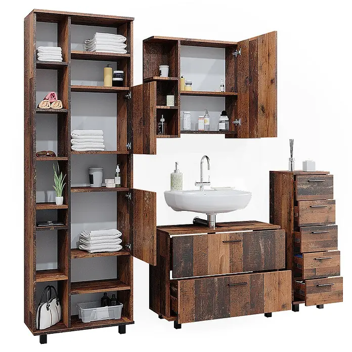 Vicco Badmöbel-Set Ilias Eiche rustikal 4 Teile, mit Hochschrank - Gesamtbreite Badmöbel: 170,2 cm, Eiche rustikal, Matt - Rustikales dunkelbraunes Badezimmermöbel-Set mit Waschbecken, hohem Regal und Schränken.