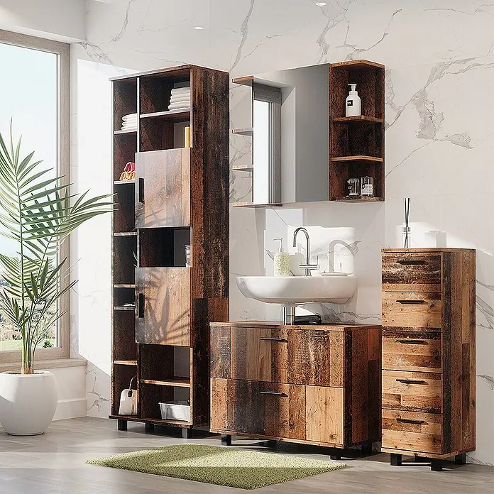 Vicco Badmöbel-Set Ilias Eiche rustikal 4 Teile, mit Hochschrank - Gesamtbreite Badmöbel: 170,2 cm, Eiche rustikal, Matt - Rustikale Badmöbel aus Altholz mit Hochschrank, Spiegelschrank und Waschtisch.