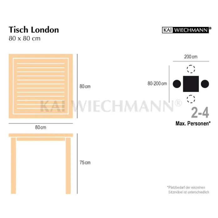 Kai Wiechmann Gartentisch - Teakholz, Quadratisch, Naturbelassen - Quadratischer Holztisch 'London', 80x80 cm, 75 cm hoch, für 2-4 Personen.