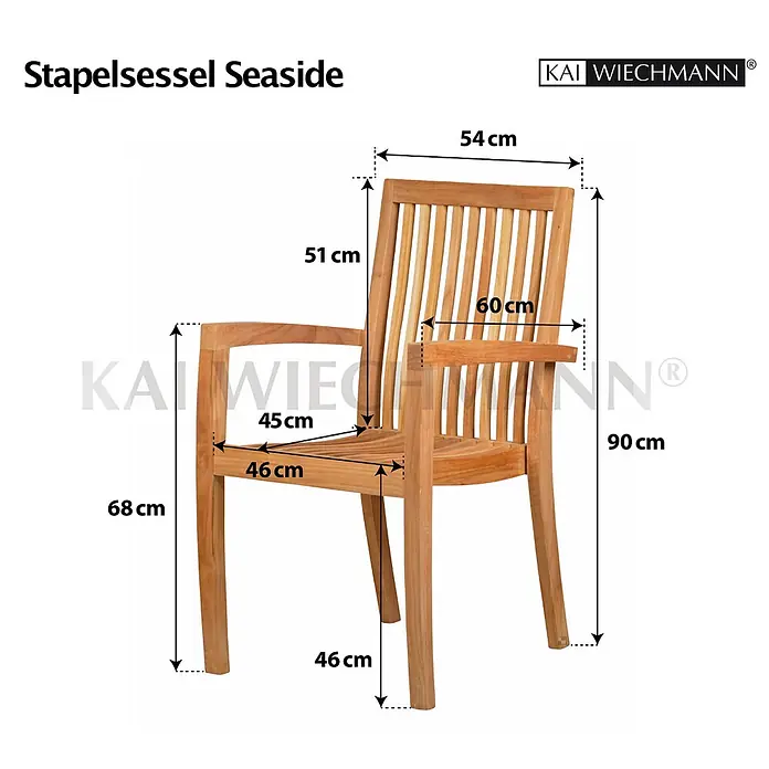 Kai Wiechmann Gartenstuhl - Teakholz, Stapelbar, Naturbelassen - Heller Stapelsessel aus Teakholz mit Lattenrückenlehne und Sitzfläche, mit Maßangaben.