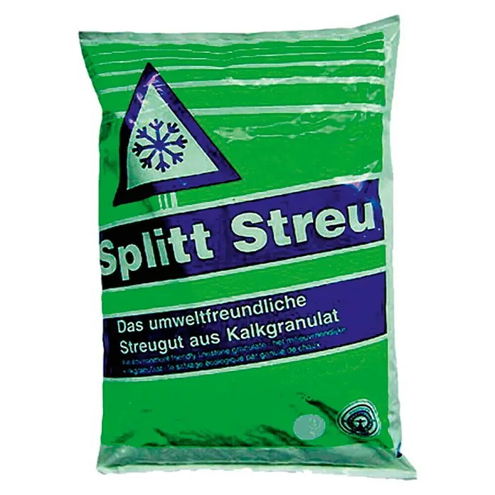 Splitt-Streu - 50 kg, Salzfrei - Abbildung einer Tüte Splitt Streu, ein umweltfreundliches Streugut aus Kalkgranulat, ideal für winterliche Bedingungen.