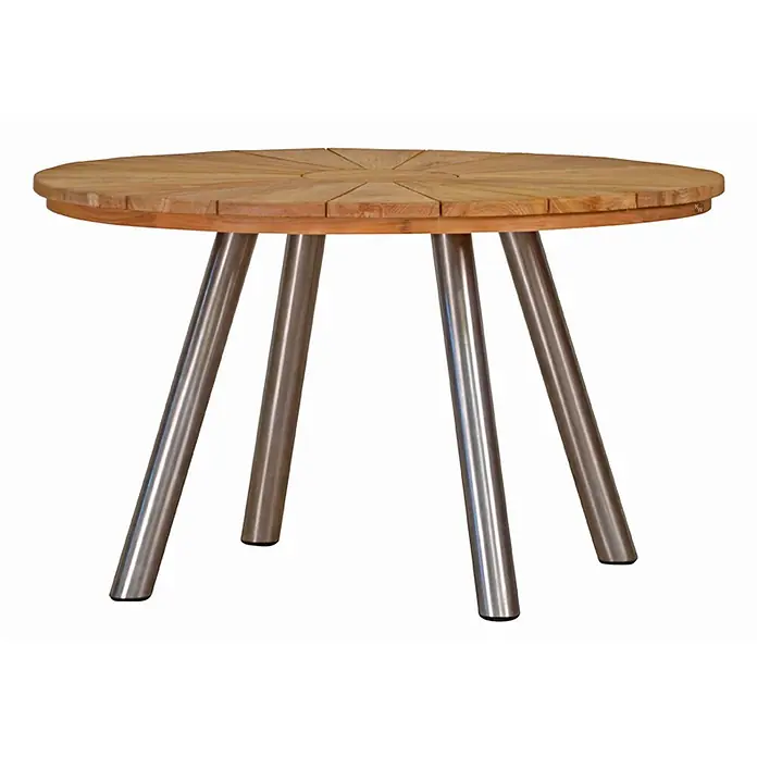 Gartentisch Hamilton Teakholz Edelstahl rund 130 cm modern premium -  - Runder Holztisch mit Lattenplatte und vier robusten, zylindrischen Metallbeinen.