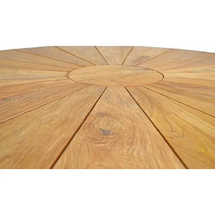 Gartentisch Hamilton Teakholz Edelstahl rund 130 cm modern premium -  - Holztischplatte mit radialem Dielenmuster und zentraler runder Einlage.