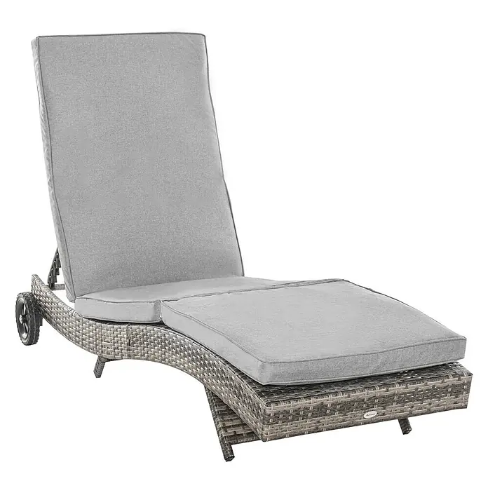 Furnicato Gartenliege - B x T: 207 x 207 cm, Grau, Verbundwerkstoff - Graue Rattan-Sonnenliege mit weichen grauen Kissen, verstellbarer Rückenlehne und Rollen für einfache Mobilität.