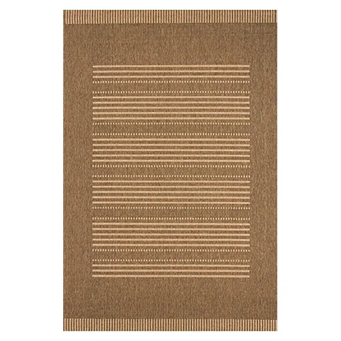 Outdoor-Teppich Naturoptik Finca 501 - Coffee-Mais, 230 x 160 cm, 100 % Polypropylen (Flor) - Brauner Teppich mit horizontalen Streifen und dekorativem Rand für ein stilvolles Ambiente im Raum.