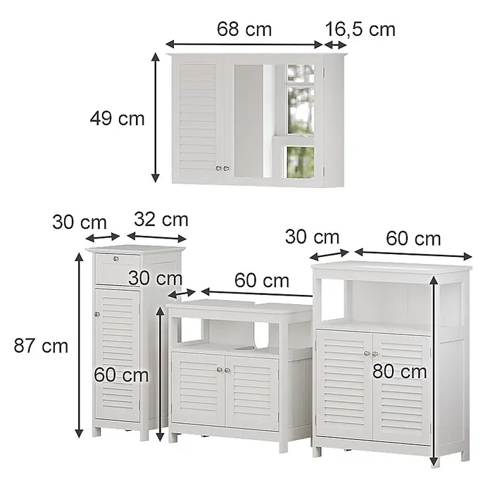Badmöbel-Set Riad 60 cm Weiß Art.-Nr. 40463 -  - Weißes Badmöbel-Set mit Spiegelschrank, Hochschrank, Waschtischunterschrank und Kommode, alle mit Maßen.