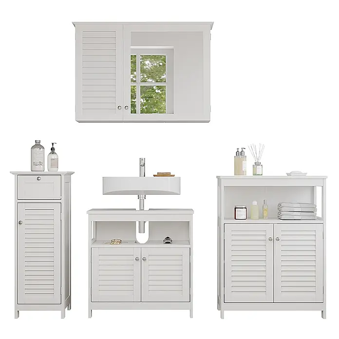 Badmöbel-Set Riad 60 cm Weiß Art.-Nr. 40463 -  - Weißes Badmöbel-Set mit Lamellentüren, bestehend aus Spiegelschrank, Waschtischunterschrank und Kommoden.