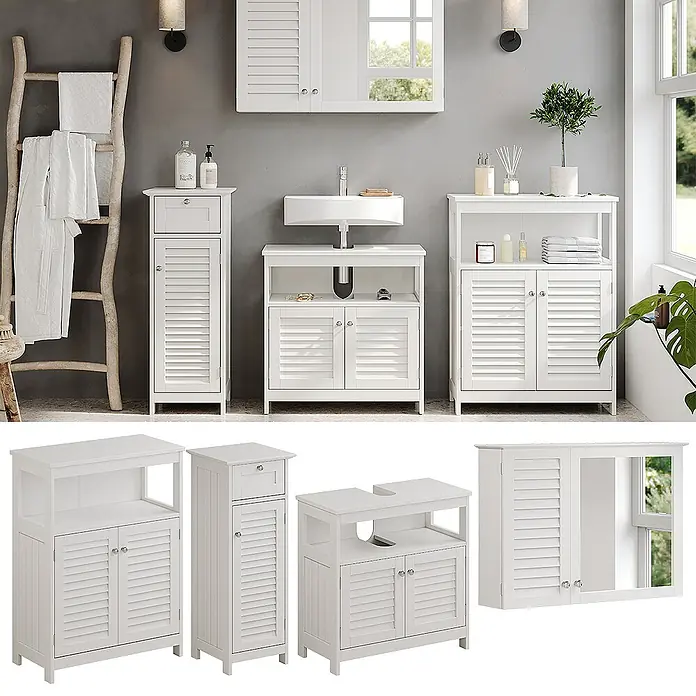 Badmöbel-Set Riad 60 cm Weiß Art.-Nr. 40463 -  - Ein Set weißer Badschränke mit Lamellentüren: ein Hochschrank, ein Waschbeckenunterschrank, ein breiter Schrank und ein Spiegelschrank.