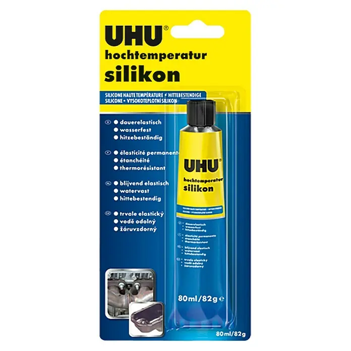 UHU Hochtemperatur-Silikon - Schwarz, 80 ml, -50 °C - 180 °C - UHU Hochtemperatur Silikon, hitzebeständige Dichtmasse für extreme Temperaturen, ideal für Auto und Haushalt, 80ml/82g.