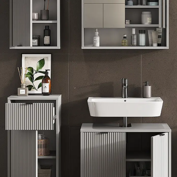 Vicco Badmöbel-Set Eliza, Grau 70 cm -  - Graue Badschränke mit gerippten Türen, inklusive Waschtisch mit integriertem Waschbecken und Hochschränken.