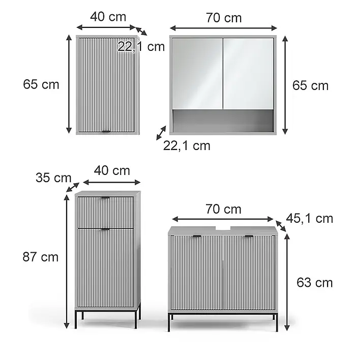 Vicco Badmöbel-Set Eliza, Grau 70 cm -  - Vier hellgraue, geriffelte Badmöbel: ein Wandschrank, Spiegelschrank, Hochschrank mit Schublade und Waschbeckenunterschrank, mit Maßen.