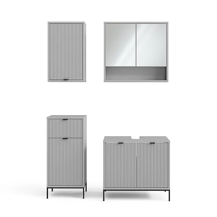 Badmöbel-Set Eliza 70 cm Grau Art.-Nr. 40706 -  - Modulares Set aus vier grauen Badschränken mit geriffelten Fronten und schwarzen Griffen/Beinen, inklusive Waschtisch- und Wandschränken.
