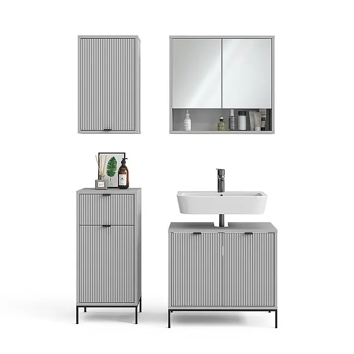 Badmöbel-Set Eliza 70 cm Grau Art.-Nr. 40706 -  - Hellgraues geriffeltes Badmöbel-Set: Wandschränke, Hochschrank und Waschtischunterschrank mit Becken.