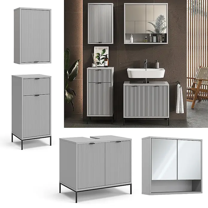 Vicco Badmöbel-Set Eliza, Grau 70 cm -  - Hellgraues Badmöbel-Set mit vertikal geriffelten Fronten, inkl. Wand-, Hochschrank und Waschtischunterschrank.