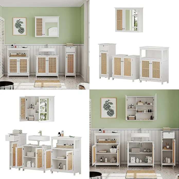 Badmöbel-Set Rosario 60 cm Weiß Art.-Nr. 40456 -  - Weißes Badezimmermöbelset mit geflochtenen Rattantüren, inkl. Waschtisch-, Hoch- und Wandschrank.