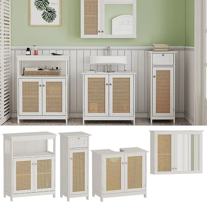 Badmöbel-Set Rosario 60 cm Weiß Art.-Nr. 40456 -  - Weißes Badmöbelset mit Rattanfronten: Waschtisch, Aufbewahrungs-, Hochschrank und Spiegelschrank.