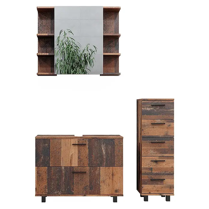 Vicco Badmöbel-Set Ilias Eiche rustikal 3 Teile, mit Unterschrank 80 cm - Gesamtbreite Badmöbel: 110,2 cm, Eiche rustikal, Matt - Rustikales Badmöbelset aus Altholz: Spiegelschrank, Waschtischunterschrank und hoher Schrank mit schwarzen Griffen.