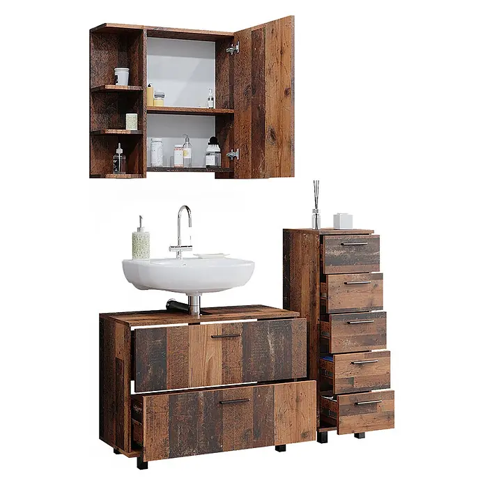 Vicco Badmöbel-Set Ilias Eiche rustikal 3 Teile, mit Unterschrank 80 cm - Gesamtbreite Badmöbel: 110,2 cm, Eiche rustikal, Matt - Rustikales Badezimmermöbel-Set aus dunklem Holz mit Waschtisch, Wandschrank und Schubladenhochschrank.