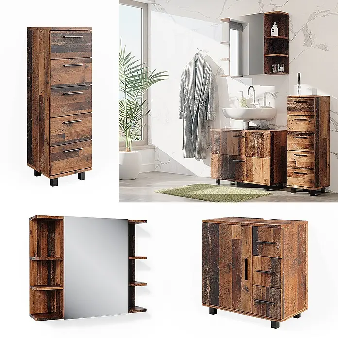 Vicco Badmöbel-Set Ilias Eiche rustikal 3 Teile, mit Unterschrank 80 cm - Gesamtbreite Badmöbel: 110,2 cm, Eiche rustikal, Matt - Badezimmermöbel-Set mit Waschtisch, Spiegelschrank und Hochschränken im rustikalen Altholz-Look.