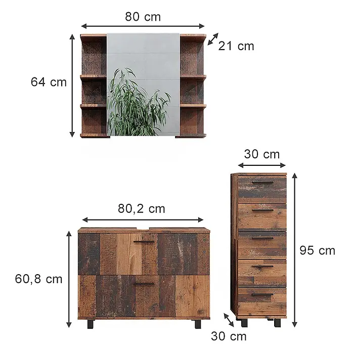 Vicco Badmöbel-Set Ilias Eiche rustikal 3 Teile, mit Unterschrank 80 cm - Gesamtbreite Badmöbel: 110,2 cm, Eiche rustikal, Matt - Rustikales Badezimmermöbel-Set aus Altholz, bestehend aus Spiegel mit Regalen, Waschtischunterschrank und hohem Schubladenschrank mit Maßen.