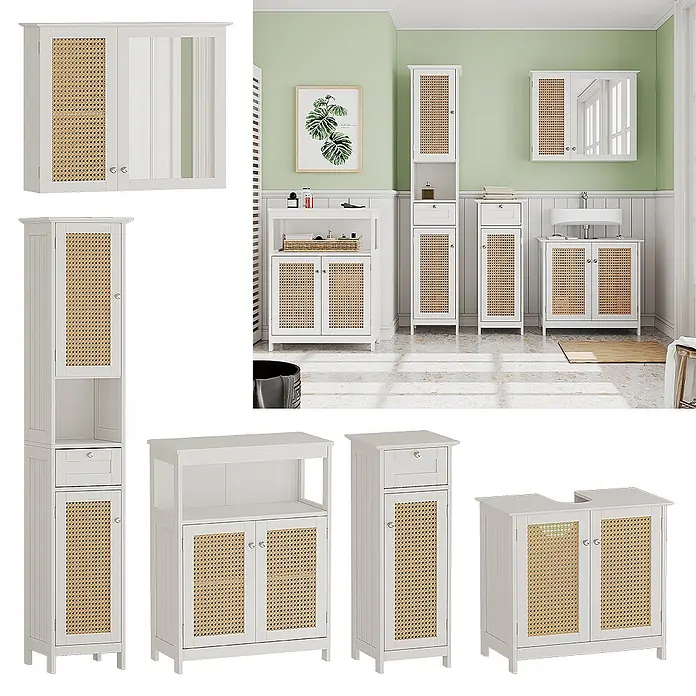 Badmöbel-Set Rosario 60 cm Weiß Art.-Nr. 40455 -  - Weiße Badezimmermöbel aus Holz mit Rattanfronten, darunter Spiegelschrank, Hochschrank und Waschtischunterschrank.