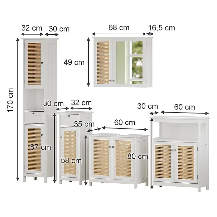Badmöbel-Set Rosario 60 cm Weiß Art.-Nr. 40455 -  - Weißes Badmöbelset aus Holz mit Rattantüren, inklusive diverser Schränke und eines Spiegelschranks mit Maßen.