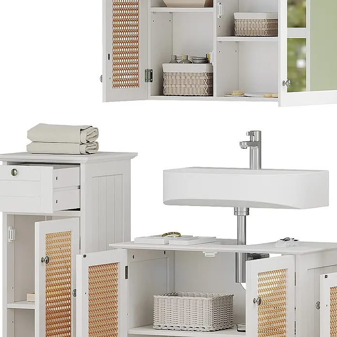 Badmöbel-Set Rosario 60 cm Weiß Art.-Nr. 40455 -  - Weißes Badmöbelset mit Wandschrank, Bodenschrank und Waschtisch, mit weißem Holz und Naturrattan-Akzenten.