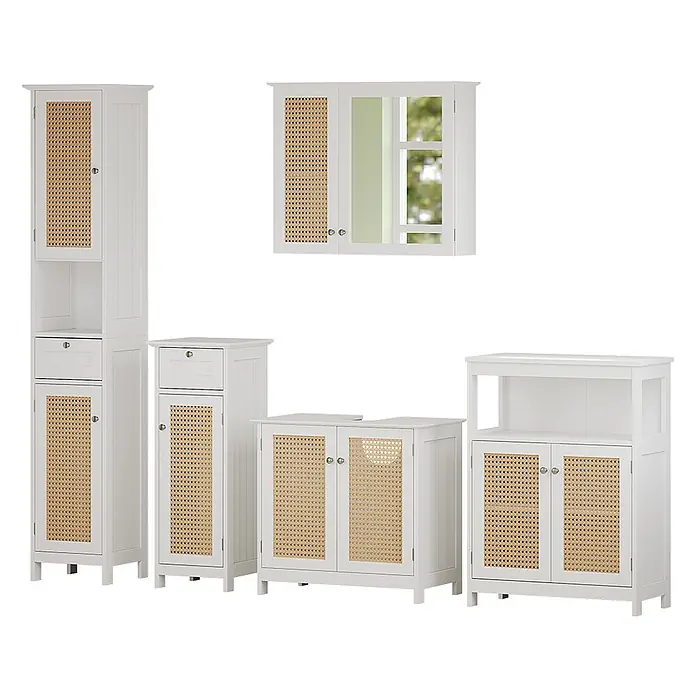 Badmöbel-Set Rosario 60 cm Weiß Art.-Nr. 40455 -  - Weißes Badmöbelset aus Holz mit Türen aus Naturrattan, inklusive verschiedener Schränke und Spiegelschrank.