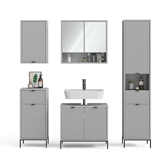 Vicco Badmöbel-Set Eliza, Grau 70 cm -  - Helles graues gerilltes Badmöbel-Set mit Wandschränken, Waschtisch mit Waschbecken und Hochschränken für moderne Bäder.
