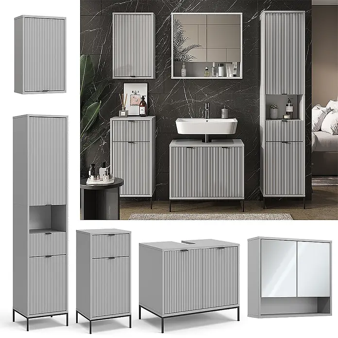 Vicco Badmöbel-Set Eliza, Grau 70 cm -  - Helles graues Badmöbelset mit Rillenfronten, schwarzen Beinen und Griffen, inkl. Waschtisch-, Wand- und Hochschränken.
