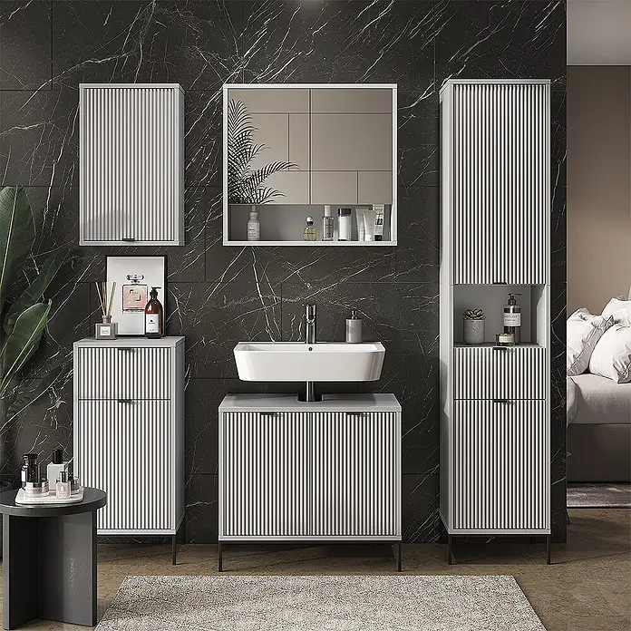Vicco Badmöbel-Set Eliza, Grau 70 cm -  - Modernes hellgraues Badmöbelset mit geriffelten Fronten, bestehend aus Waschtischunterschrank, Spiegelschrank und Hochschränken.
