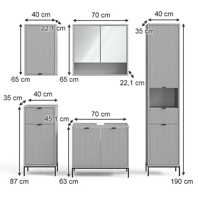 Badmöbel-Set Eliza 70 cm Grau Art.-Nr. 40707 -  - Hellgraues geriffeltes Badmöbel-Set mit verschiedenen Schränken und Spiegelschrank.