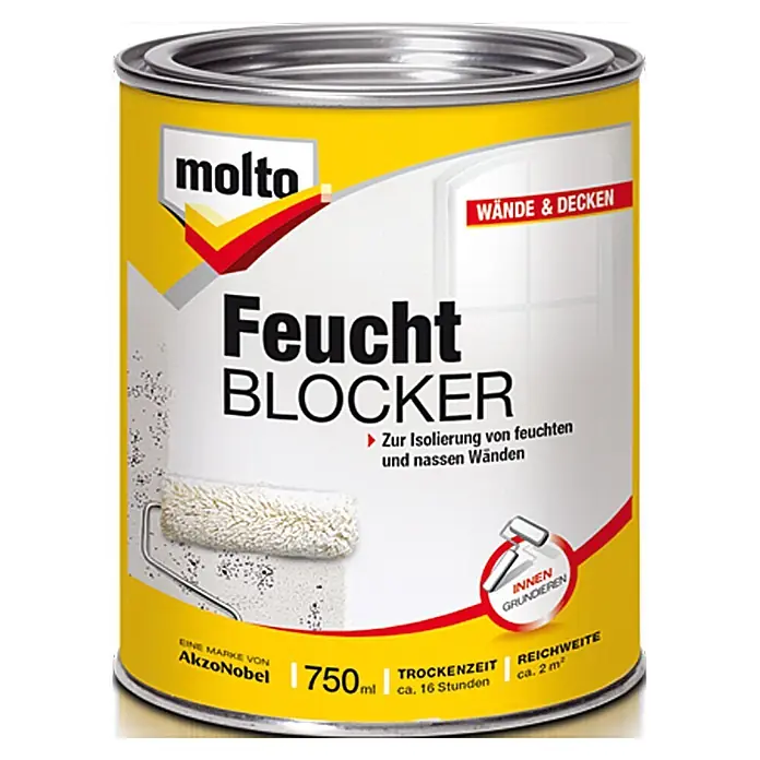 Molto Isolierfarbe Feuchtblocker - 750 ml, Dose - Dose Molto Feucht Blocker, eine Feuchtigkeitssperre für Wände und Decken, ideal zum Grundieren im Innenbereich. Inhalt: 750ml.
