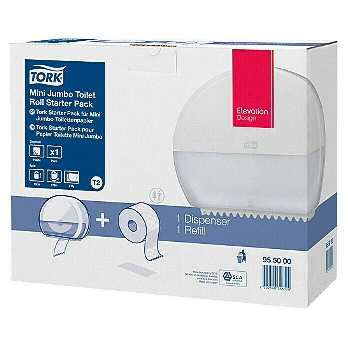 Tork Elevation Toilettenpapier-Spender Starter-Set Mini Jumbo T21 x Toilettenpapierspender T2, 1 x Premium Toilettenpapier Mini Jumbo T2, 34,5 x 27,5 cm, Tiefe: 13,2 cm Front View