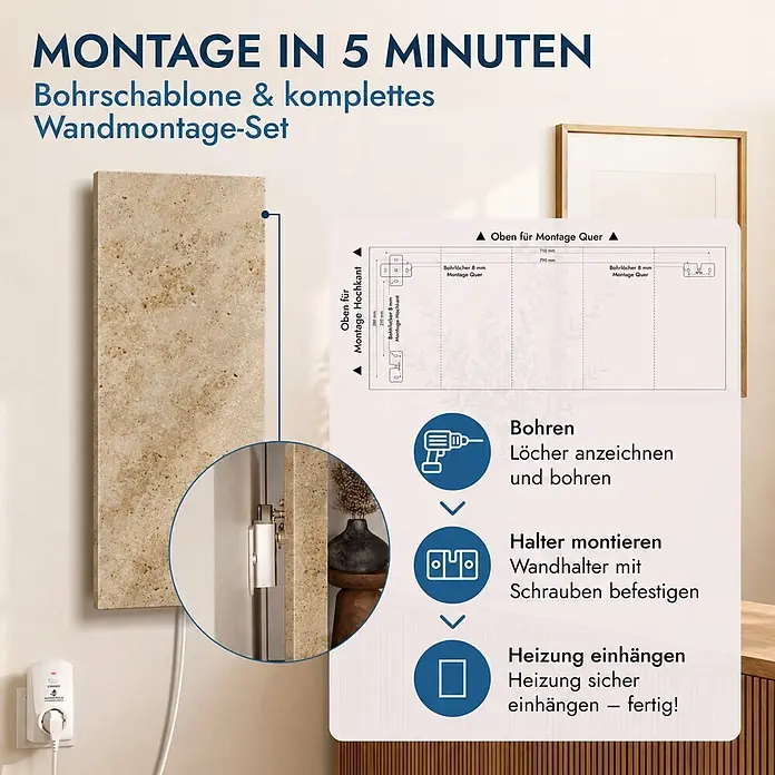 Marwona Infrarotheizkörper Jura 800 W – Funk - B x H: 1.000 x 400 mm, 800 W, Jura - Stein-strukturierte Wandheizplatte mit Anleitung zur schnellen 5-Minuten-Montage.