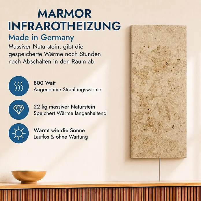 Marwona Jura Infrarotheizung 800 W inkl. Funk-Thermostat -  - Wandmontierte beige Marmor-Infrarotheizung, spendet effiziente, geräuschlose Wärme.