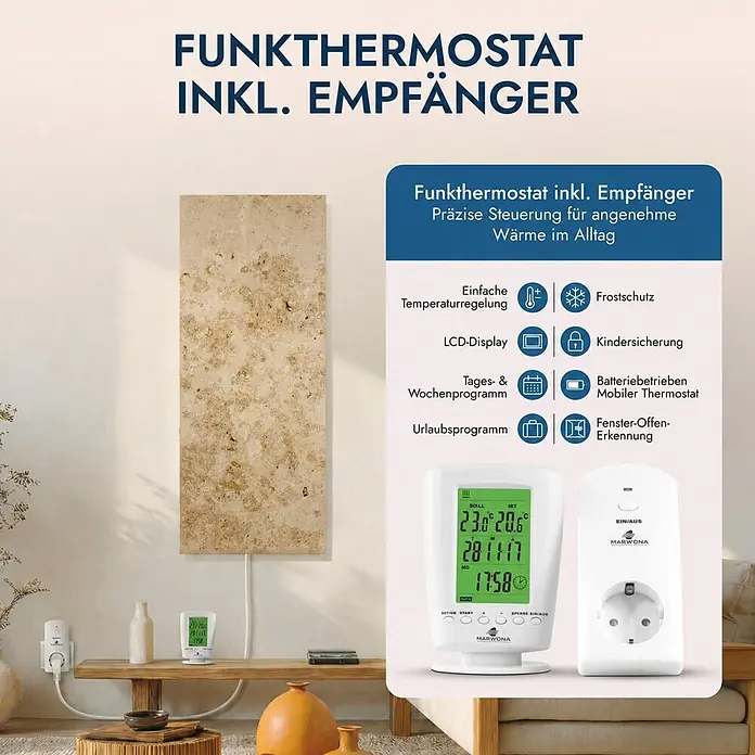 Marwona Infrarotheizkörper Jura 800 W – Funk - B x H: 1.000 x 400 mm, 800 W, Jura - Weißes Funkthermostat mit grünem LCD und passendem Empfänger, zur Regelung einer Infrarotheizung dargestellt.