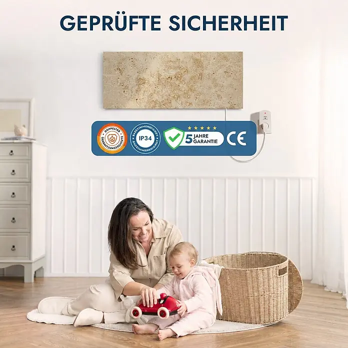 Marwona Infrarotheizkörper Jura 800 W – Funk - B x H: 1.000 x 400 mm, 800 W, Jura - Wandmontiertes Heizpaneel in Steinoptik mit Sicherheitszeichen: dopp. Überhitzungsschutz, IP34, 5 Jahre Garantie, CE-Zertifizierung, in familiärer Umgebung.