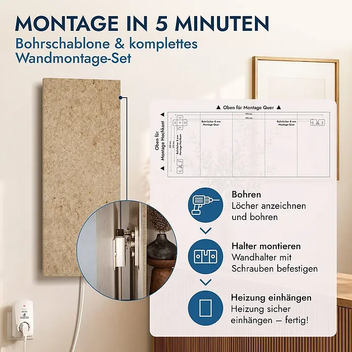 Marwona Jura Infrarotheizung 800 W inkl. Funk-Thermostat -  - Wandmontiertes, hellbraunes strukturiertes Heizpaneel mit Montageanleitung, Bohrschablone und 3-Schritt-Installation.