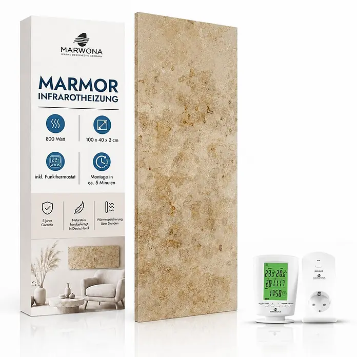Marwona Jura Infrarotheizung 800 W inkl. Funk-Thermostat -  - Beigefarbene Marmor-Infrarotheizung (100x40x2 cm) mit Verpackung, digitalem Thermostat und Smart-Plug.