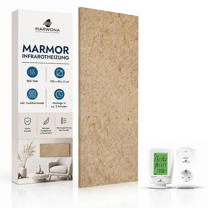 Marwona Infrarotheizkörper Jura 800 W – Funk - B x H: 1.000 x 400 mm, 800 W, Jura - Marwona Marmor Infrarotheizplatte mit hellem Natursteindesign, dazu Verpackung und ein digitales Thermostat.