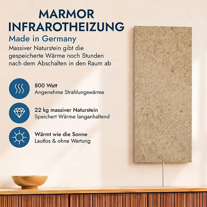 Marwona Infrarotheizkörper Jura 800 W – Funk - B x H: 1.000 x 400 mm, 800 W, Jura - Beige Marmor-Infrarotheizung an einer Wand in einem Raum montiert, mit Text zu 800W Leistung und Natursteinmaterial.