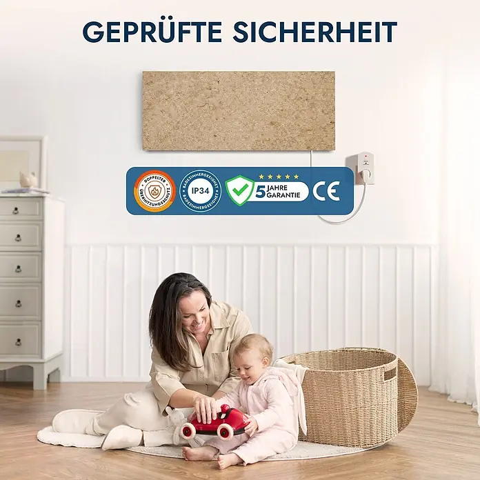 Marwona Infrarotheizkörper Jura 800 W – Funk - B x H: 1.000 x 400 mm, 800 W, Jura - Strukturiertes, hellbraunes Wandheizpaneel mit zertifizierter Sicherheit und 5 Jahren Garantie.