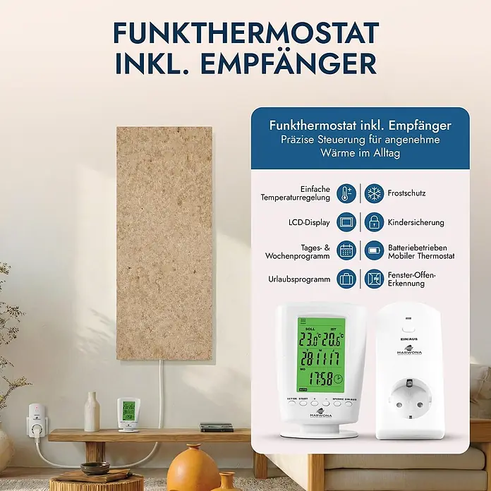 Marwona Jura Infrarotheizung 800 W inkl. Funk-Thermostat -  - Weißes Funkthermostat mit grünem LCD-Display und Empfängerstecker, auf Holzregal zur Heizungssteuerung.