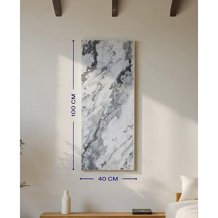Marwona Infrarotheizkörper Qarama 800 W – Funk - B x H: 1.000 x 400 mm, 800 W, Qarama - Rechteckiges, abstraktes Kunstwerk in Grau, Schwarz, Weiß, 100x40 cm, an einer Wand.