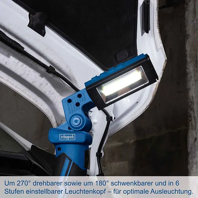 Scheppach IXES 20V LED-Arbeitsleuchte C-WL20-X - 20 V, Ohne Akku, 300 lm - Eine blaue und schwarze Arbeitsleuchte beleuchtet den Unterboden einer Motorhaube.