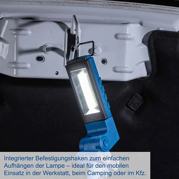 Scheppach IXES 20V LED-Arbeitsleuchte C-WL20-X - 20 V, Ohne Akku, 300 lm - Blau-schwarze Arbeitsleuchte mit integriertem Haken, hängt leuchtend im Kofferraum. Ideal für Werkstatt, Camping oder im Kfz.