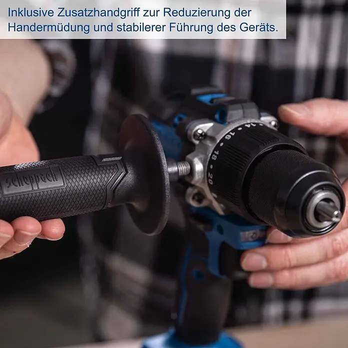 Scheppach IXES 20V Akku-Schlagbohrschrauber BC-CD70SC-X - 20 V, Ohne Akku, 70 Nm - Bohrmaschine mit schwarzem Zusatzhandgriff zur Reduzierung der Handermüdung und stabilen Führung.